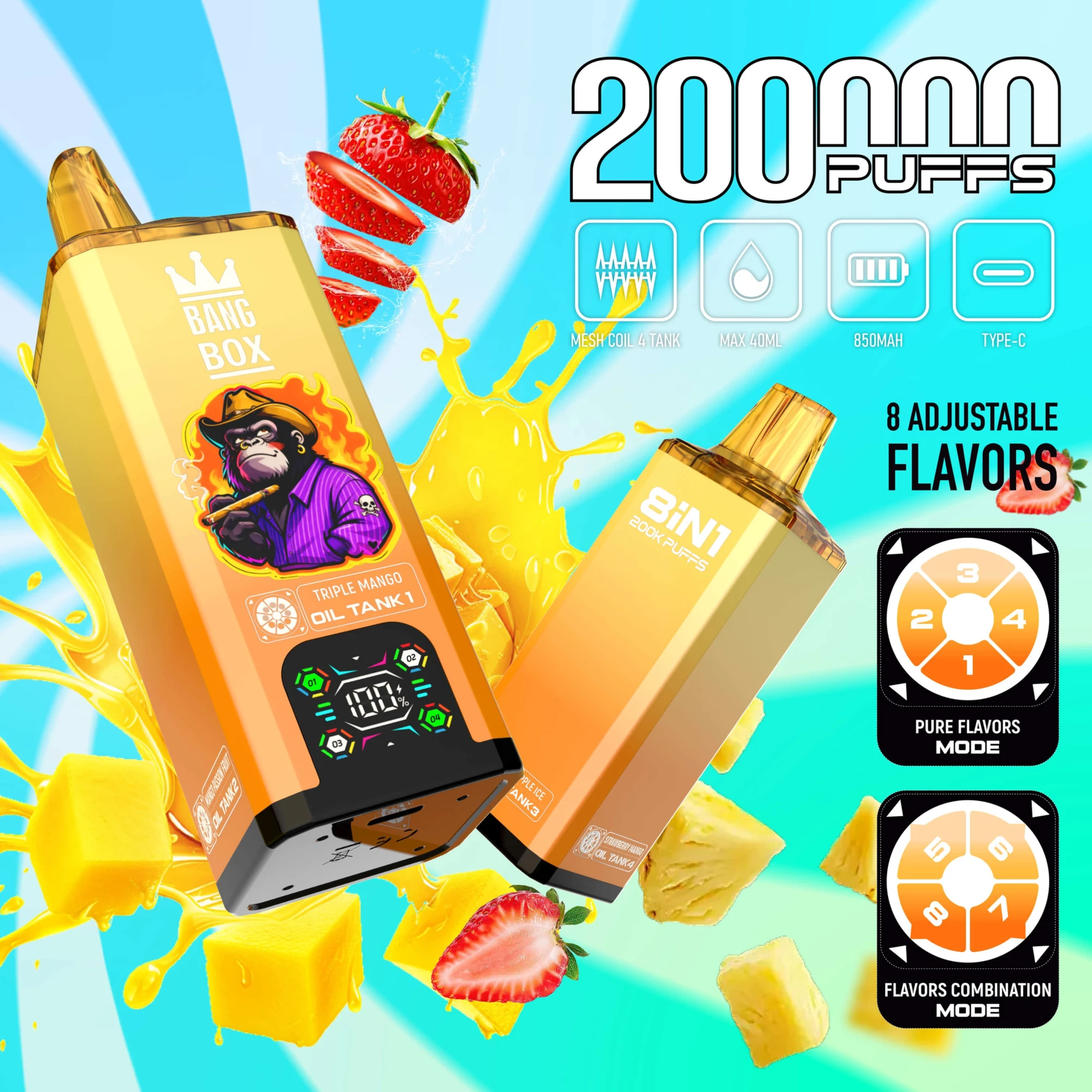 Bang Box 200000 200K Puffs Disposable Vape 8 in 1 Flavors Smart Screen Factory Direct - Image 3