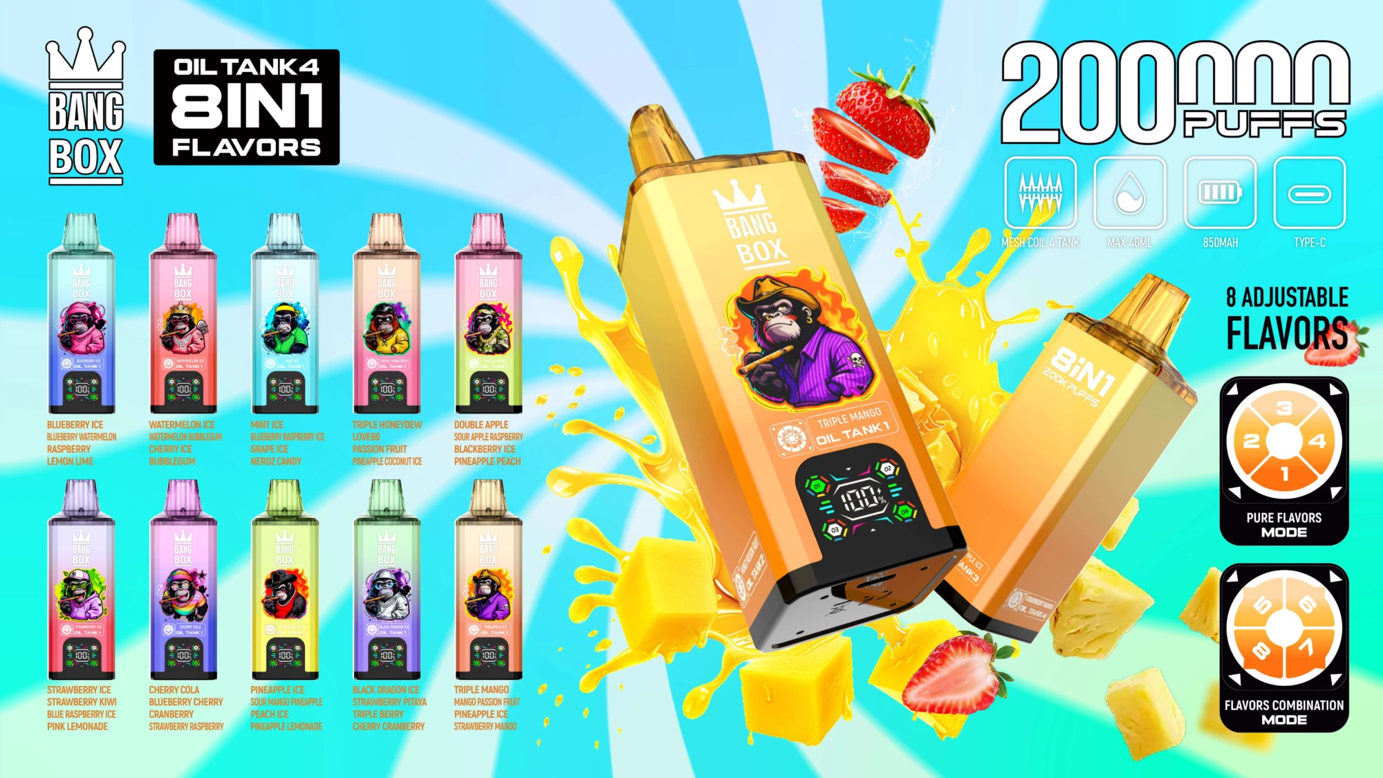 Bang Box 200000 200K Puffs Disposable Vape 8 in 1 Flavors Smart Screen Factory Direct - Image 2