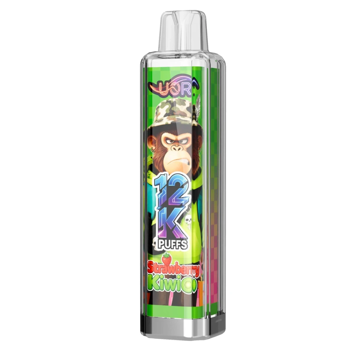 UOR Crystal 12K puffs vape, Strawberry Kiwi flavor, transparent crystal design, gorilla monkey art, 12000 puffs, Type-C rechargeable