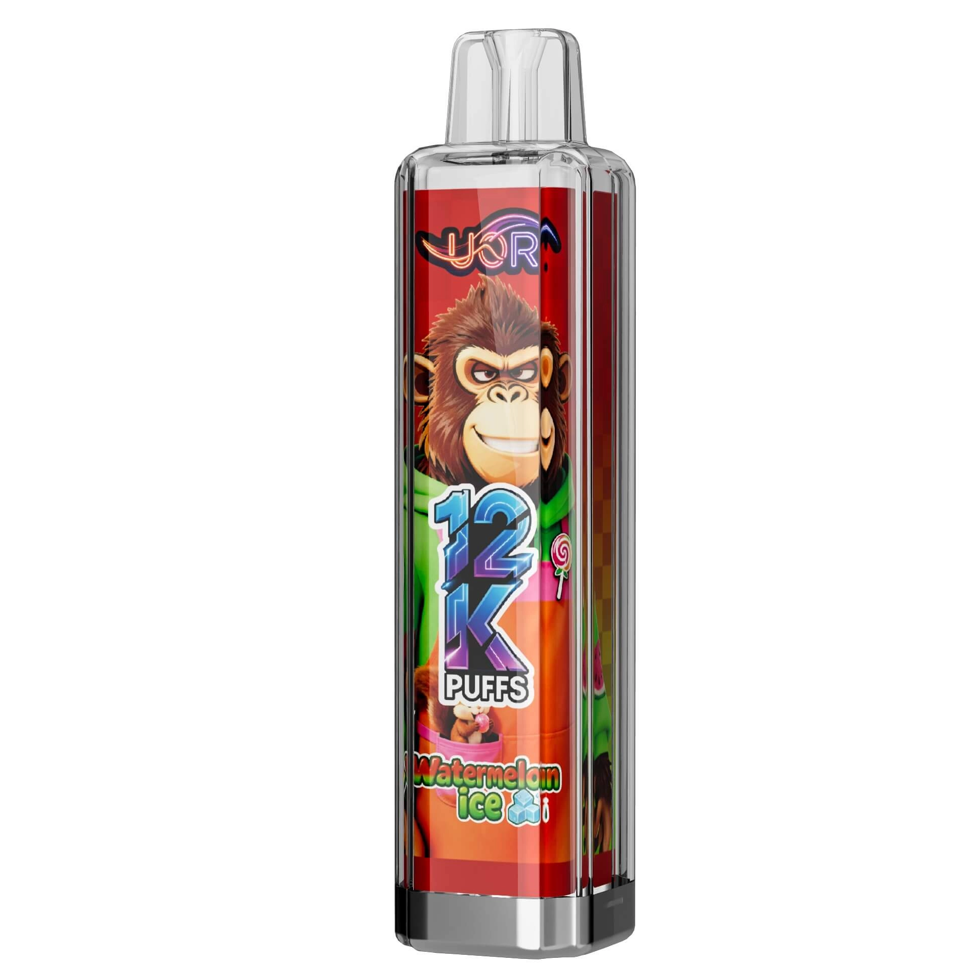 UOR Crystal 12K puffs vape, Watermelon Ice flavor, transparent crystal design, gorilla monkey art, 12000 puffs, Type-C rechargeable