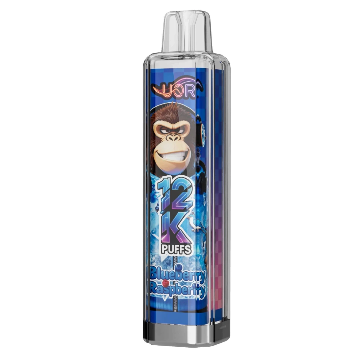 UOR 12K puffs disposable vape, Blueberry Raspberry flavor, gorilla monkey design, 12000 puffs, transparent vape pen