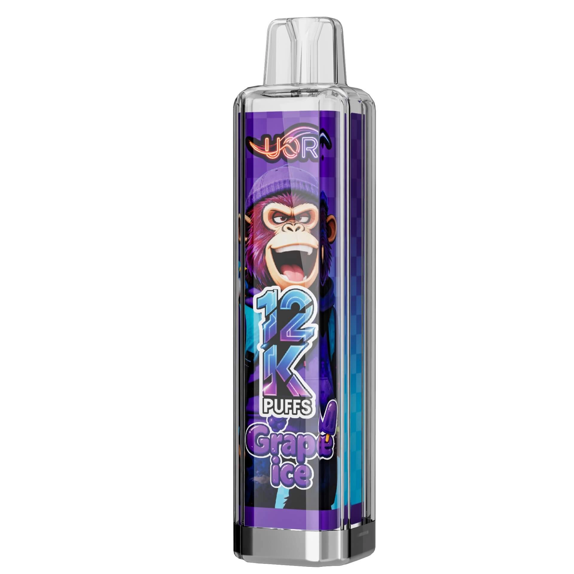 UOR 12K puffs disposable vape, Grape Ice flavor, gorilla monkey design, 12000 puffs, transparent vape pen