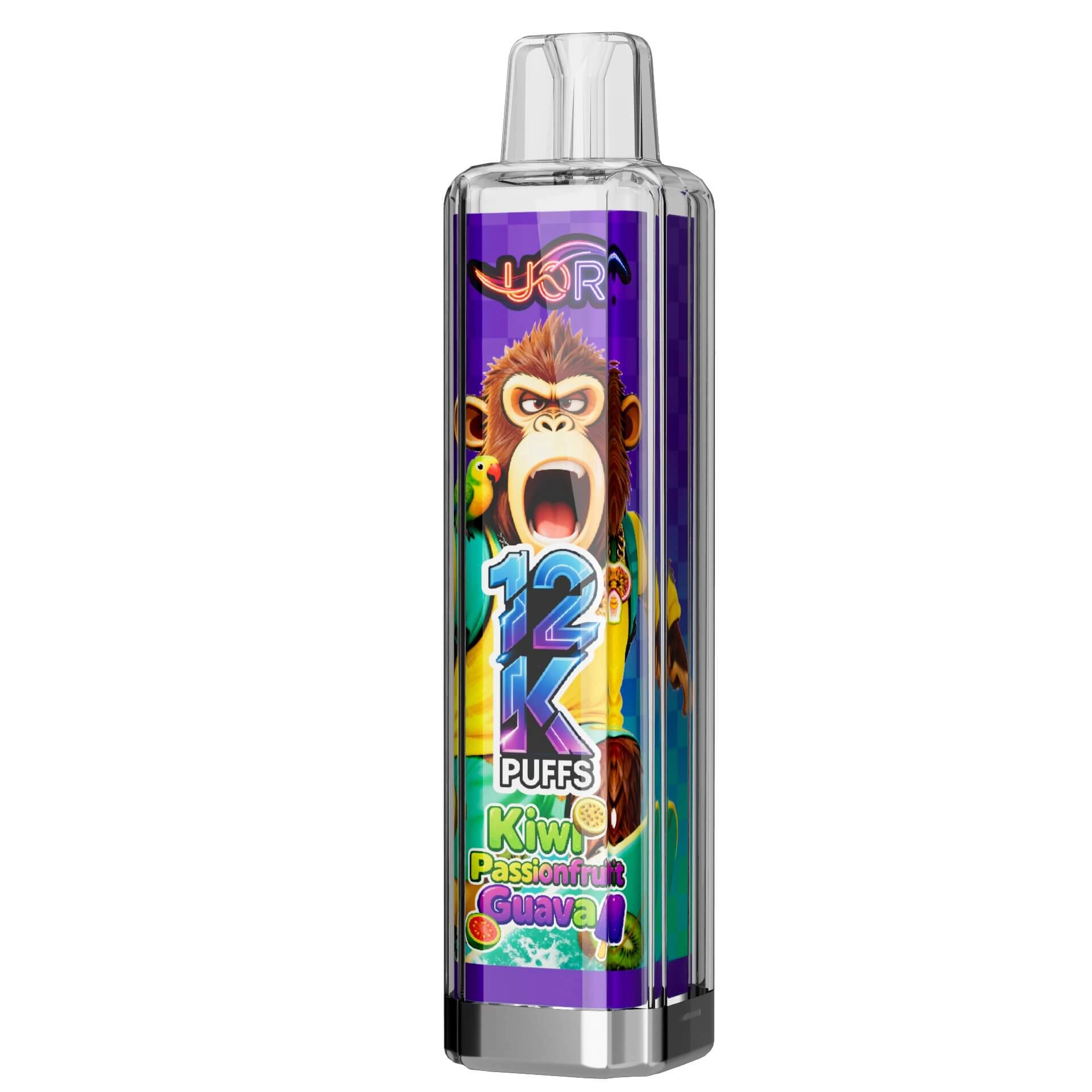 12kUOR 12K puffs disposable vape, Kiwi Passionfruit Guava flavor, gorilla monkey design, 12000 puffs, transparent vape pen