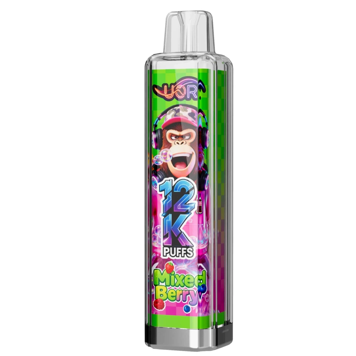 UOR 12K puffs disposable vape, Mixed Berry flavor, gorilla monkey design, 12000 puffs, transparent vape pen