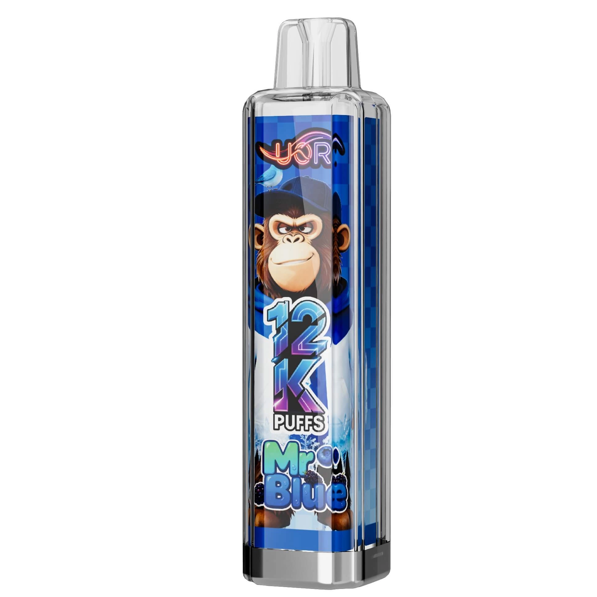 UOR 12K puffs disposable vape, Mr. Blue flavor, gorilla monkey design, 12000 puffs, transparent vape pen