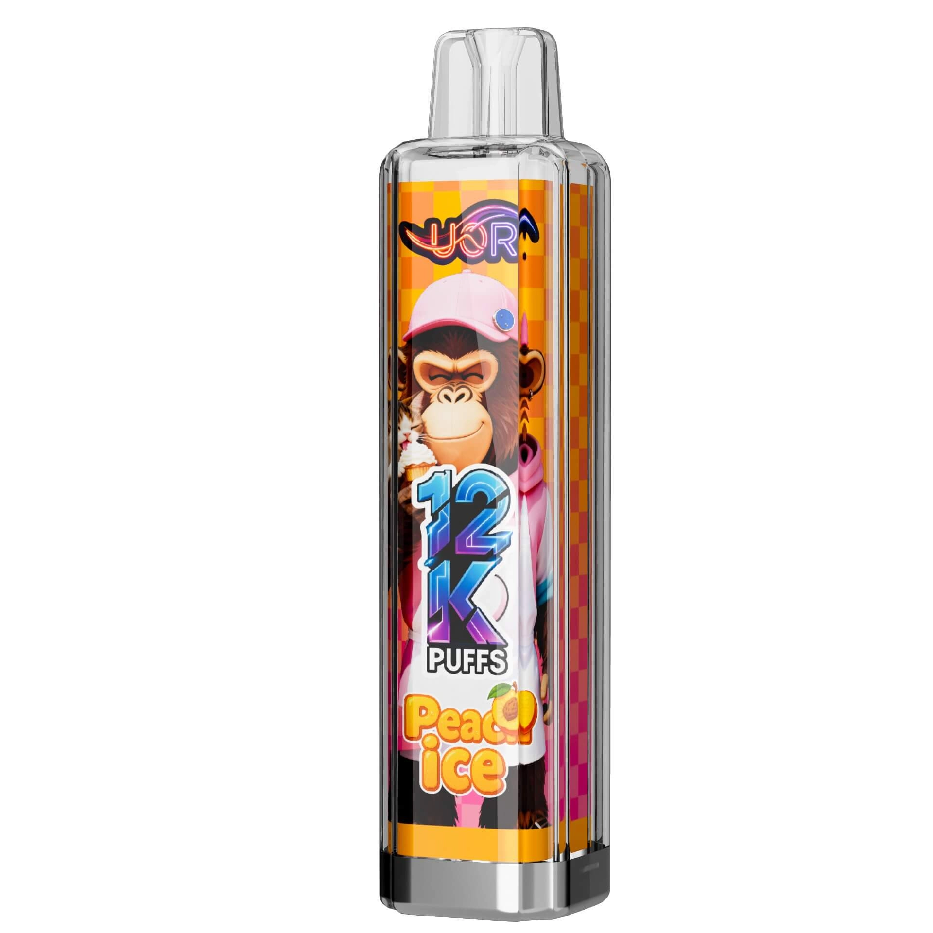 UOR 12K puffs disposable vape, Peach Ice flavor, gorilla monkey design, 12000 puffs, transparent vape pen