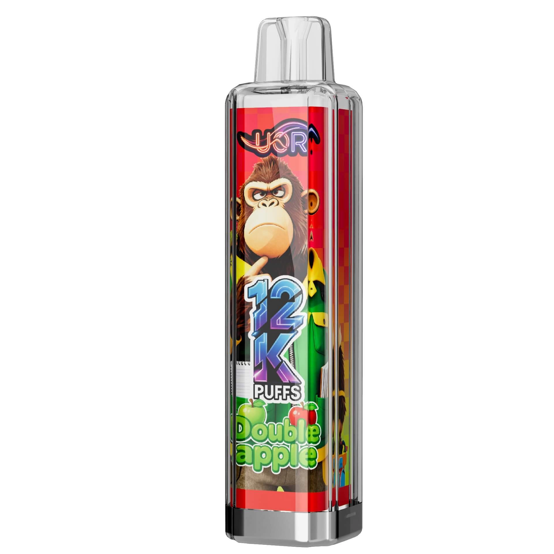 UOR 12K puffs disposable vape, Double Apple flavor, gorilla monkey design, 12000 puffs, transparent vape pen