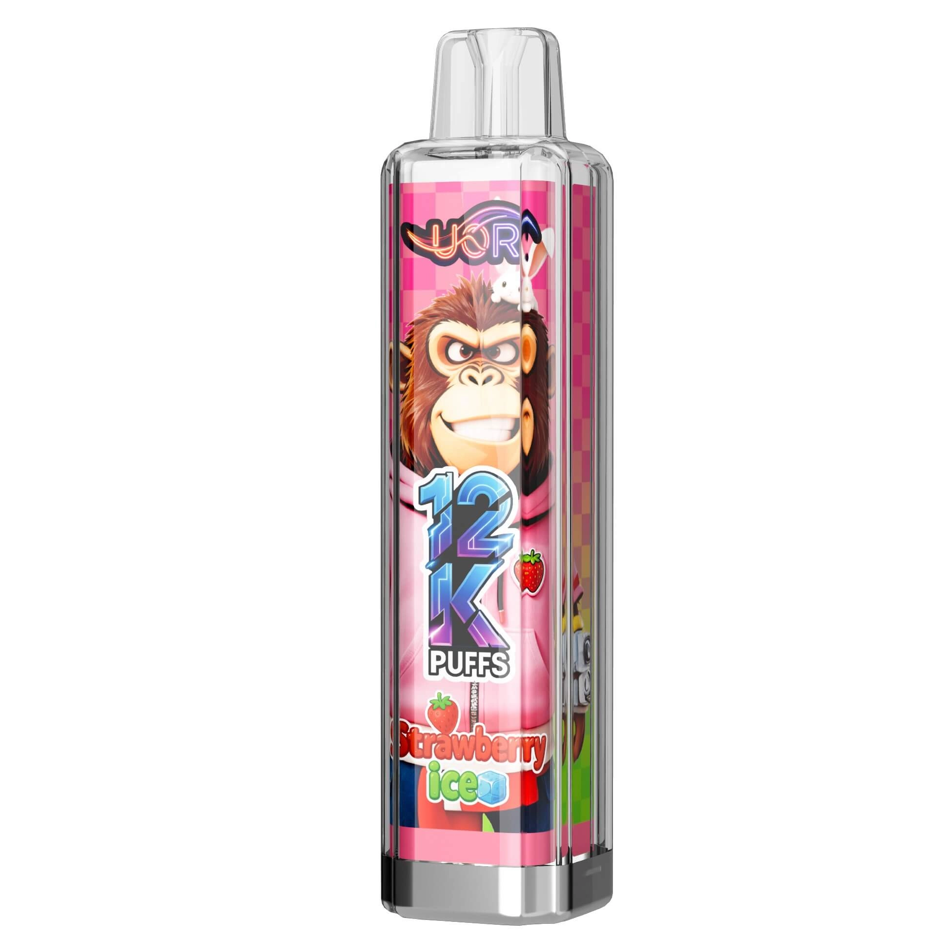 UOR 12K puffs disposable vape, Strawberry Ice flavor, gorilla monkey design, 12000 puffs, transparent vape pen