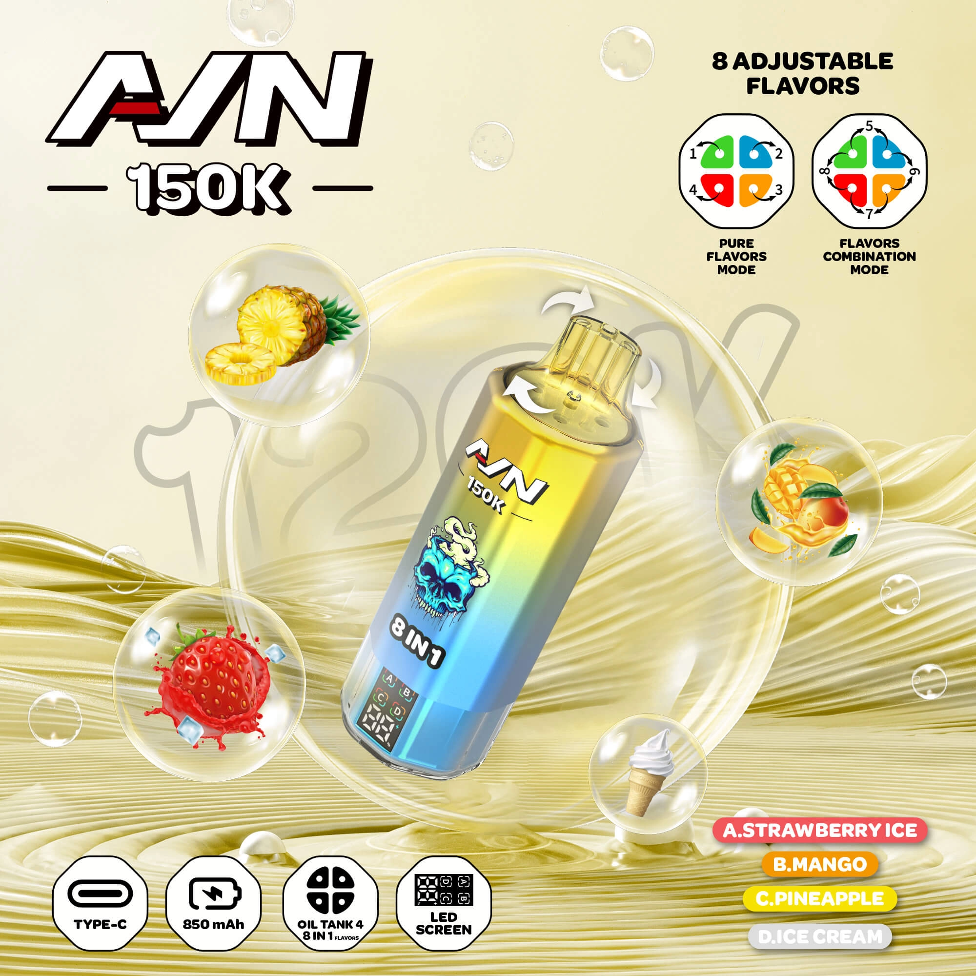 EU warehouse AIVONO AIM AVN 150K Disposable Vapes 8 IN1 Flavor 150000 Puffs Low Nicotine Wholesale - Image 3