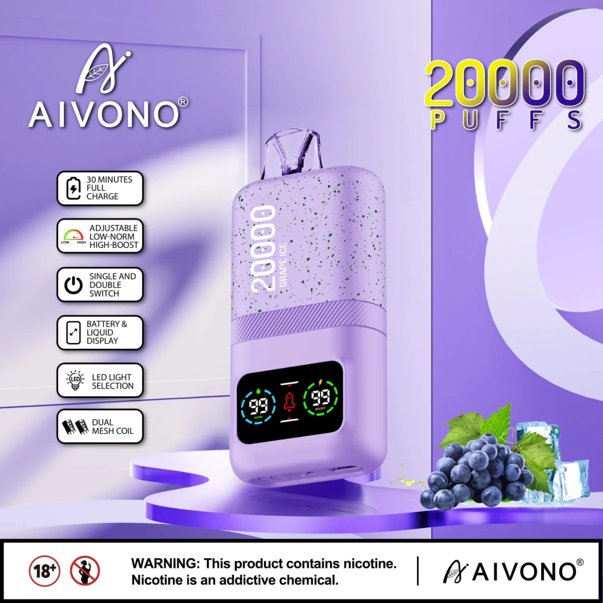 AIVONO AIM MAGIC 20000 Puffs | 0%-5% nicotine, 26mL, dual mesh, LCD display, bulk vape
