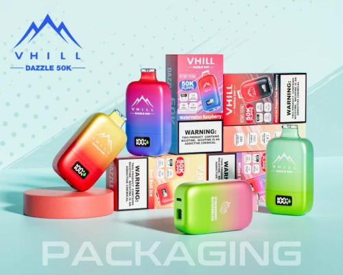 VHILL Dazzle 50K full flavors packaging display, 50000 puffs disposable vape, smart screen, rechargeable Type-C