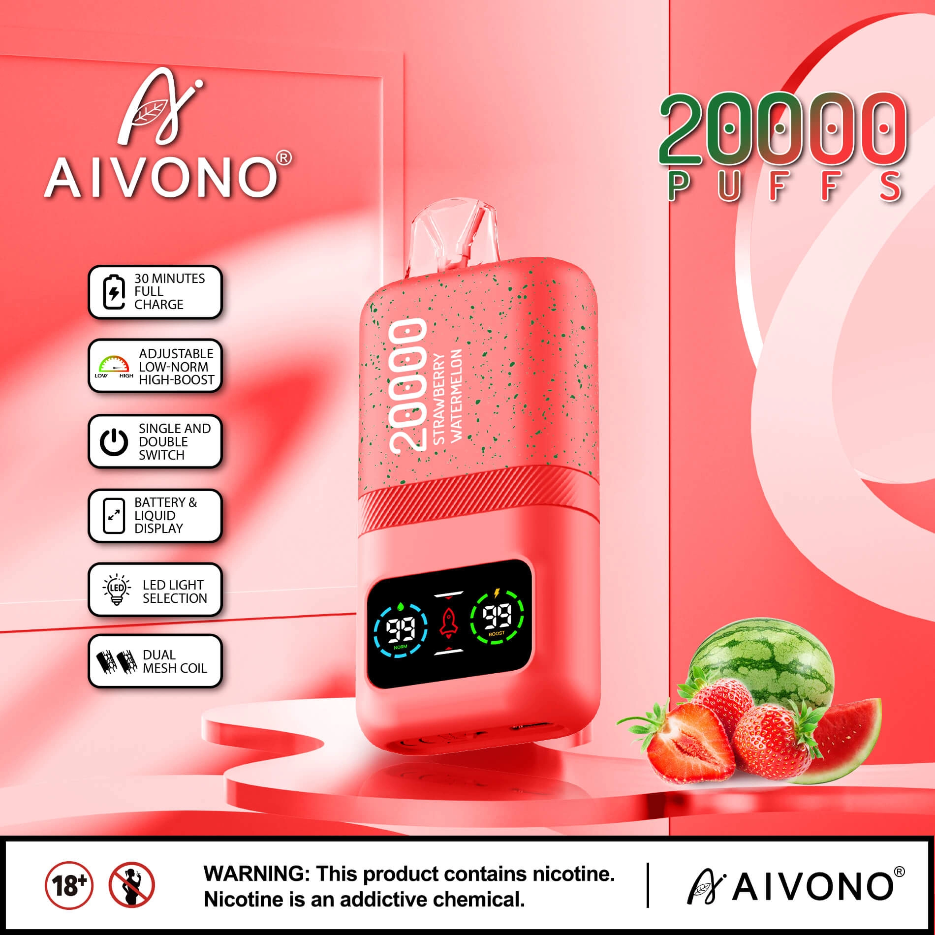 AIVONO AIM MAGIC 20000 Puffs | 0%-5% nicotine, 26mL, dual mesh, LCD display, bulk vape - Image 10