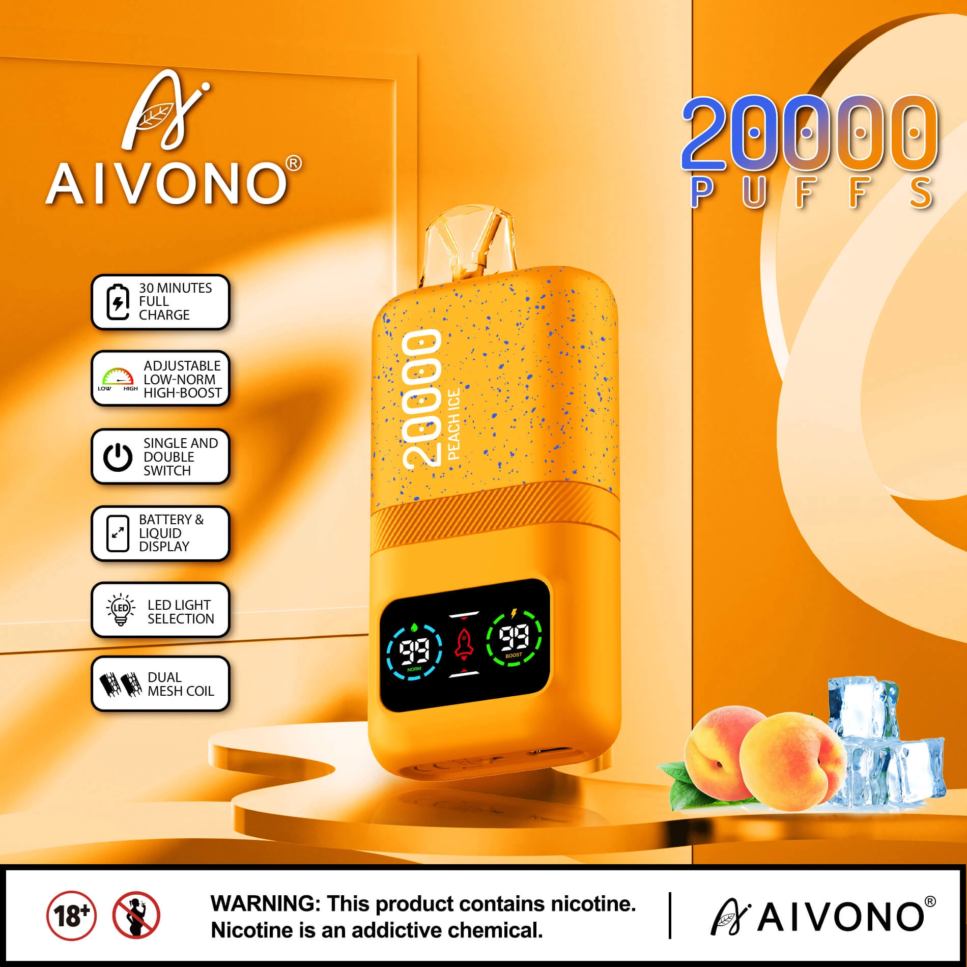 AIVONO AIM MAGIC 20000 Puffs | 0%-5% nicotine, 26mL, dual mesh, LCD display, bulk vape - Image 9