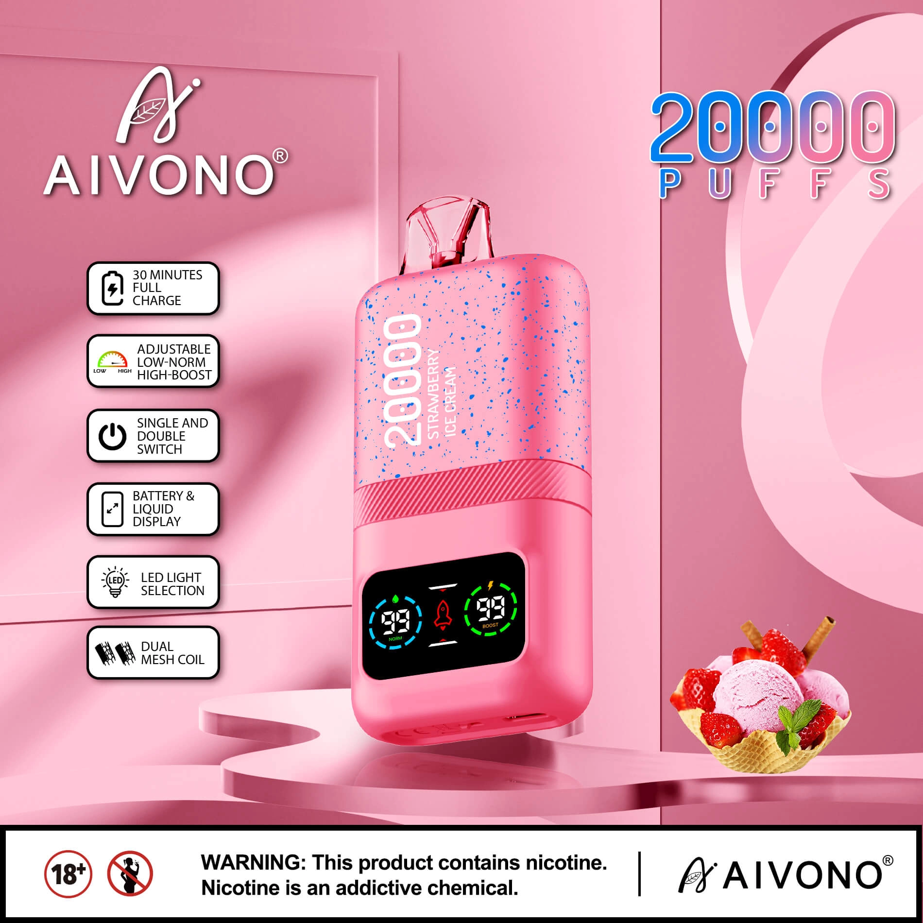 AIVONO AIM MAGIC 20000 Puffs | 0%-5% nicotine, 26mL, dual mesh, LCD display, bulk vape - Image 7