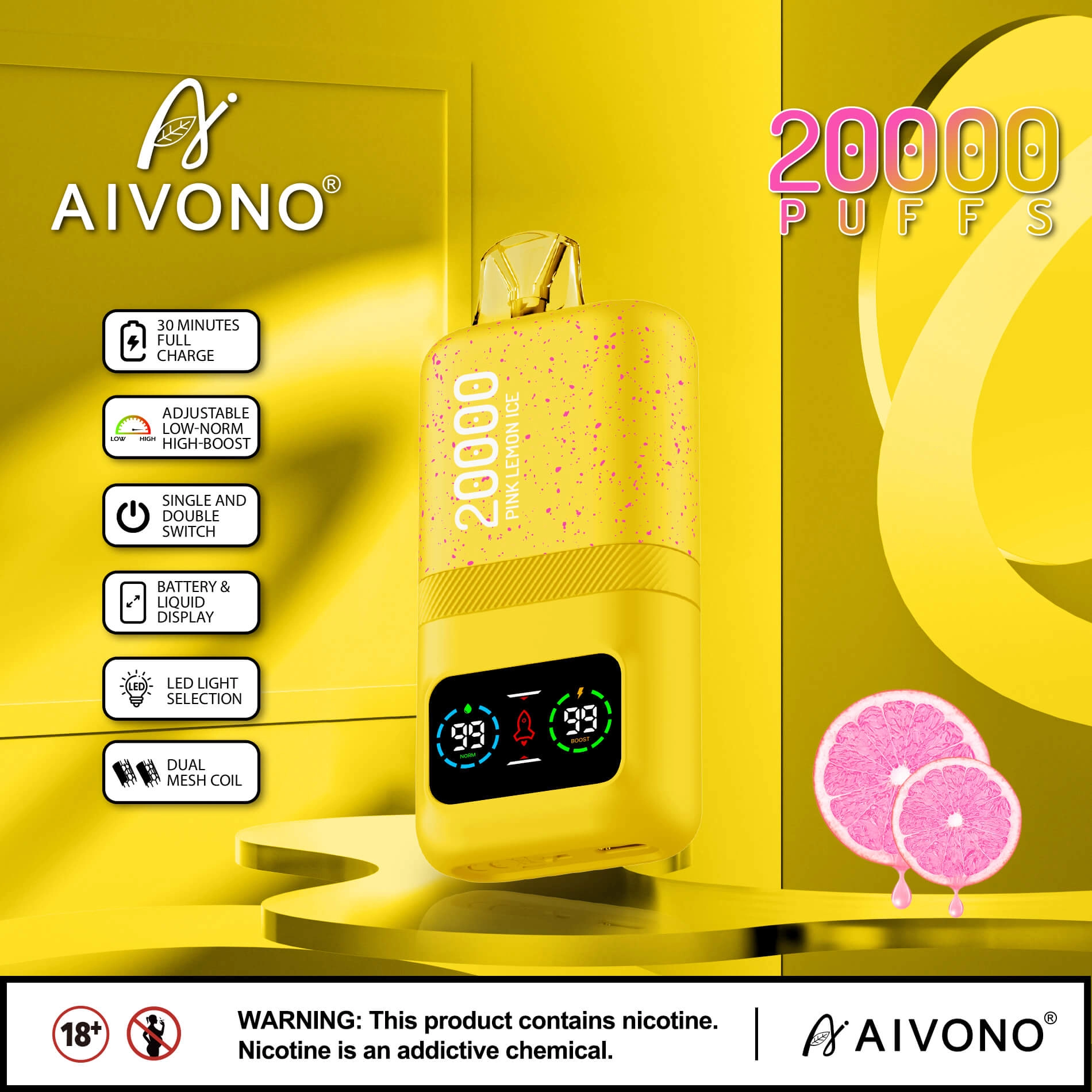 AIVONO AIM MAGIC 20000 Puffs | 0%-5% nicotine, 26mL, dual mesh, LCD display, bulk vape - Image 6