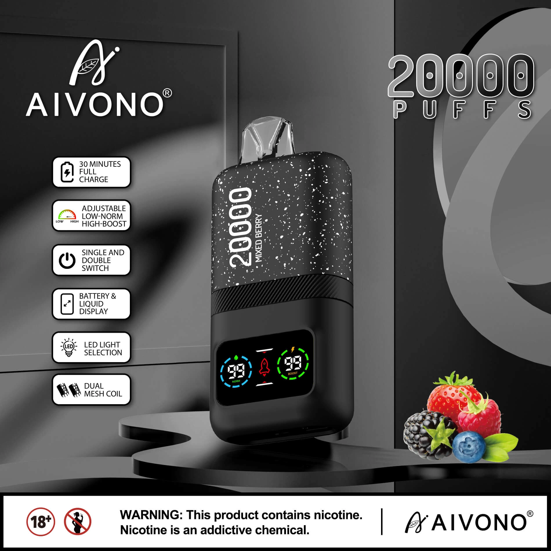 AIVONO AIM MAGIC 20000 Puffs | 0%-5% nicotine, 26mL, dual mesh, LCD display, bulk vape - Image 3