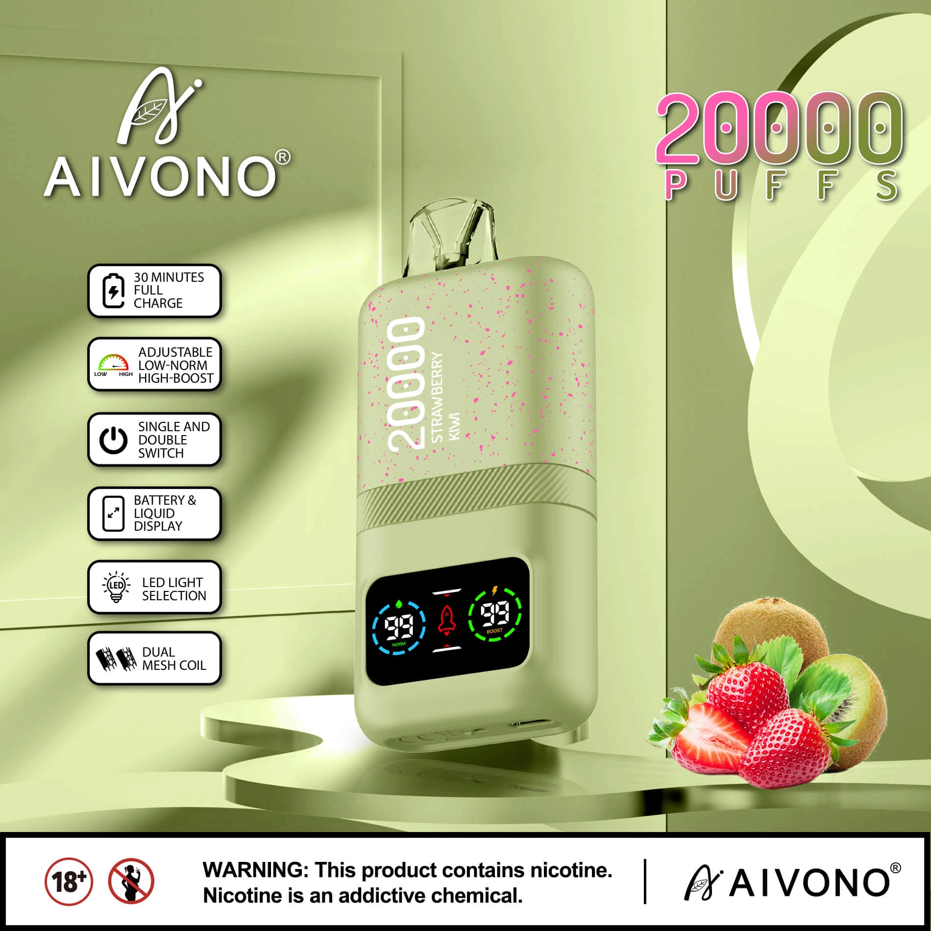 AIVONO AIM MAGIC 20000 Puffs | 0%-5% nicotine, 26mL, dual mesh, LCD display, bulk vape - Image 2