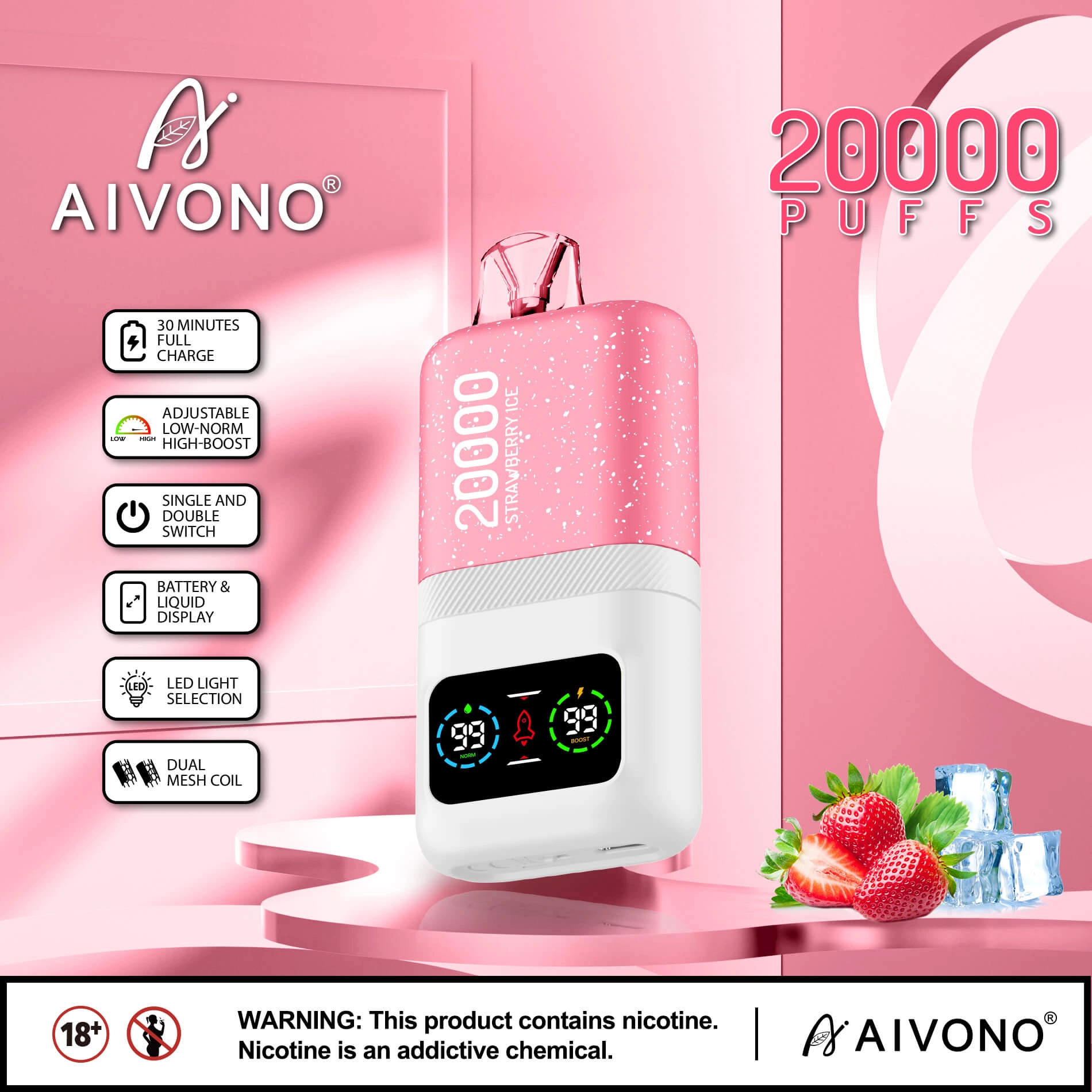 AIVONO AIM MAGIC 20000 Puffs | 0%-5% nicotine, 26mL, dual mesh, LCD display, bulk vape - Image 14