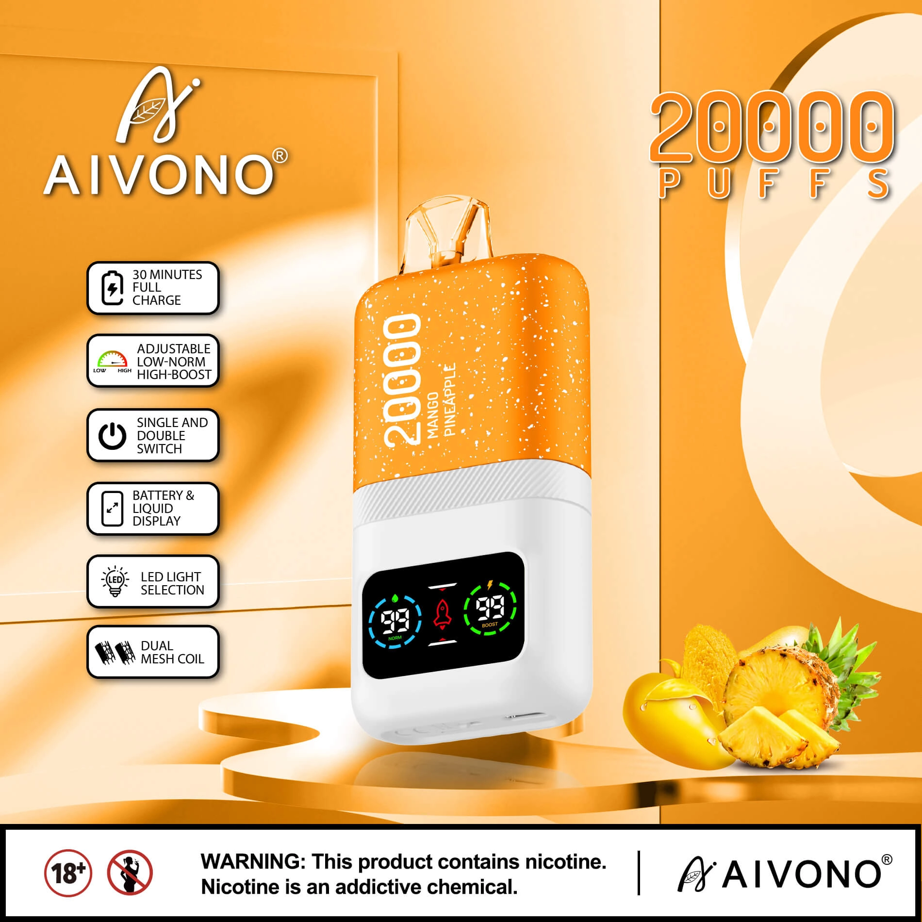 AIVONO AIM MAGIC 20000 Puffs | 0%-5% nicotine, 26mL, dual mesh, LCD display, bulk vape - Image 13