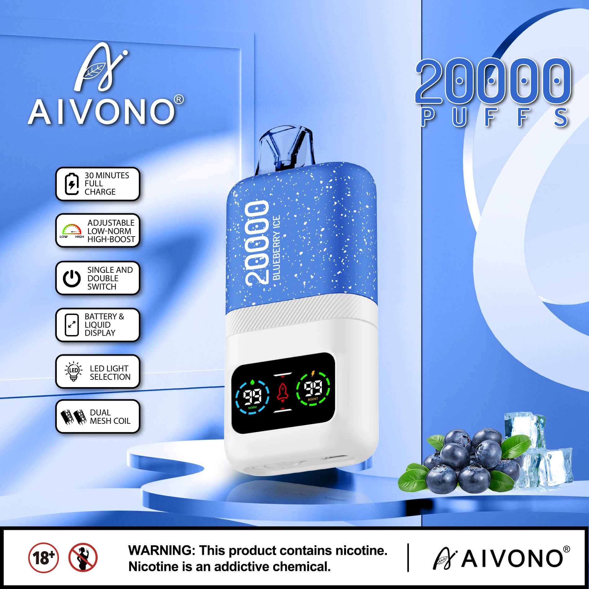 AIVONO AIM MAGIC 20000 Puffs | 0%-5% nicotine, 26mL, dual mesh, LCD display, bulk vape - Image 11
