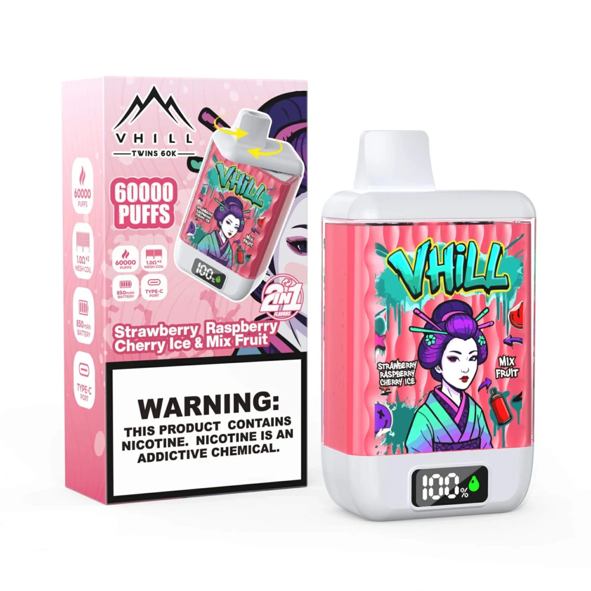VHILL Twins 60K 2in1 Disposable Vape Strawberry Raspberry Cherry Ice Mix Fruit 60000 Puffs Wholesale