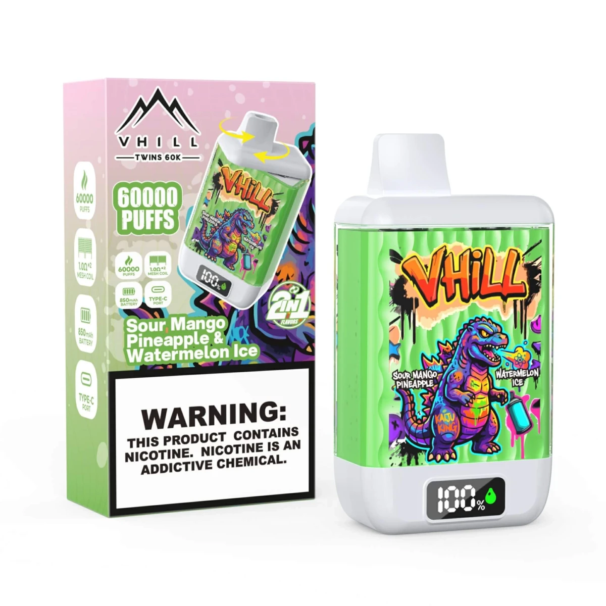 VHILL Twins 60K 2in1 Disposable Vape Sour Mango Pineapple Watermelon Ice 60000 Puffs Wholesale