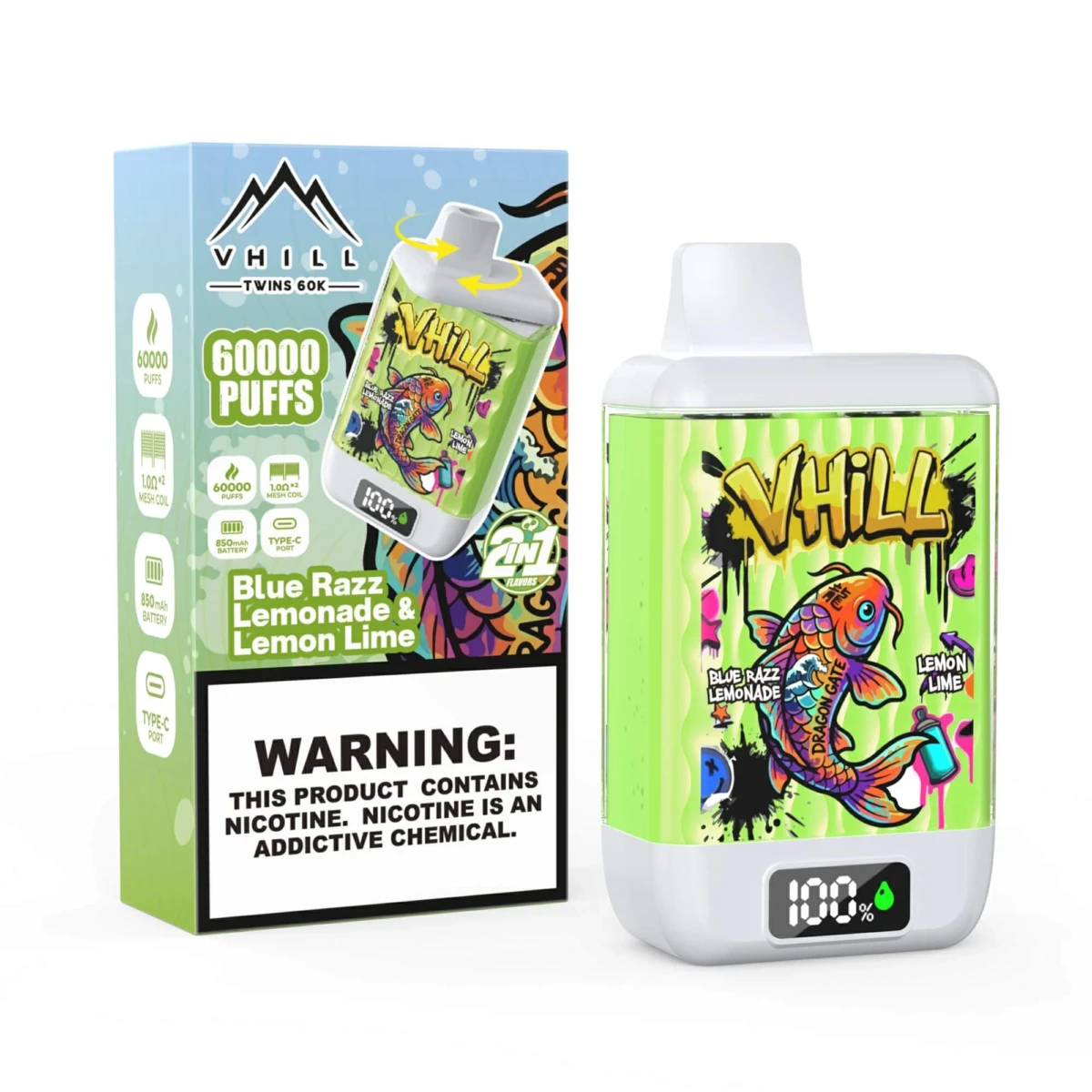 VHILL Twins 60K 2in1 Disposable Vape Blue Razz Lemonade Lemon Lime 60000 Puffs Wholesale Bulk
