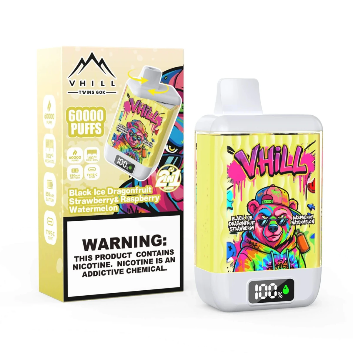 VHILL Twins 60K 2in1 Disposable Vape Black Ice Dragonfruit Strawberry Raspberry Watermelon 60000 Puffs Wholesale