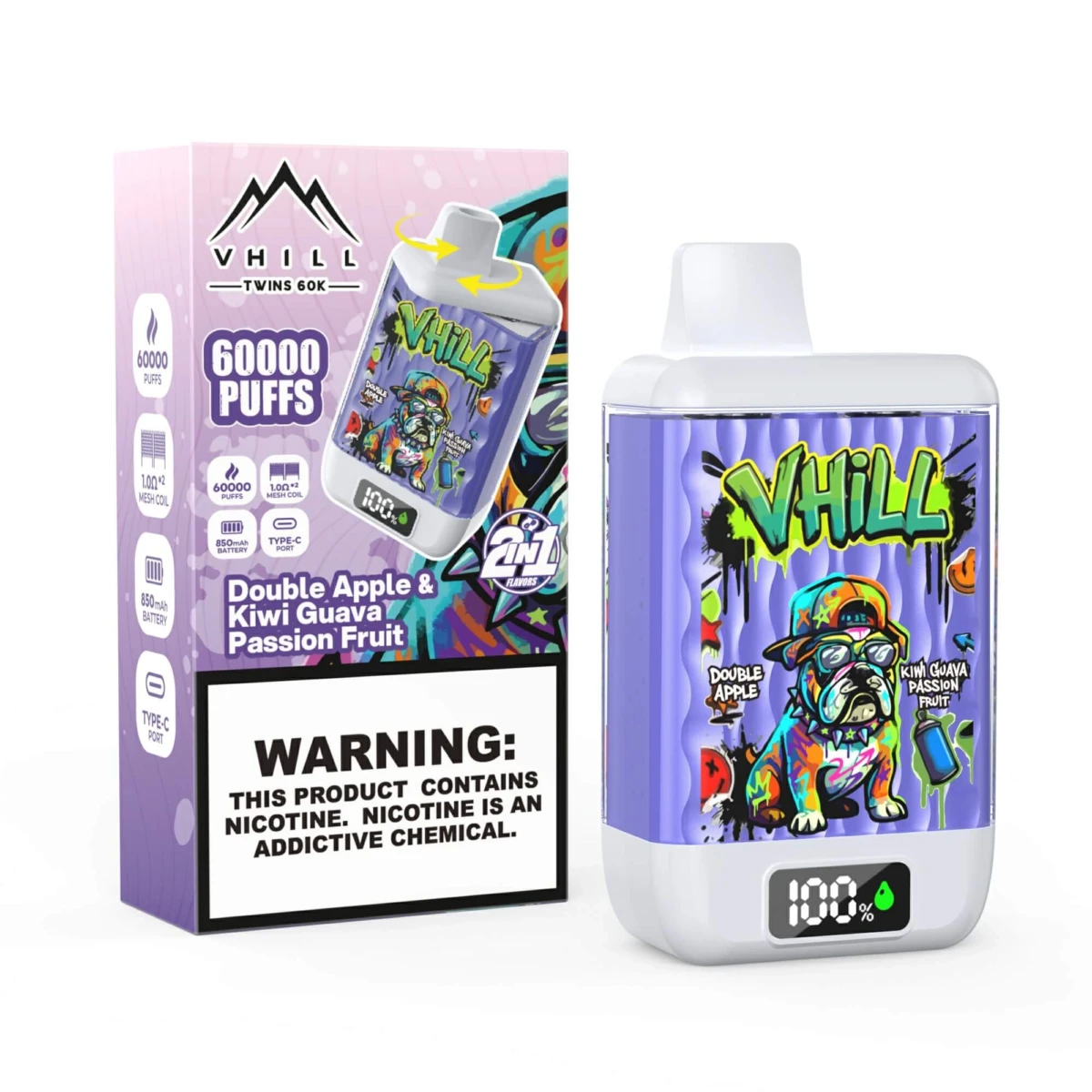 VHILL Twins 60K 2in1 Disposable Vape Double Apple Kiwi Guava Passion Fruit 60000 Puffs Wholesale Bulk