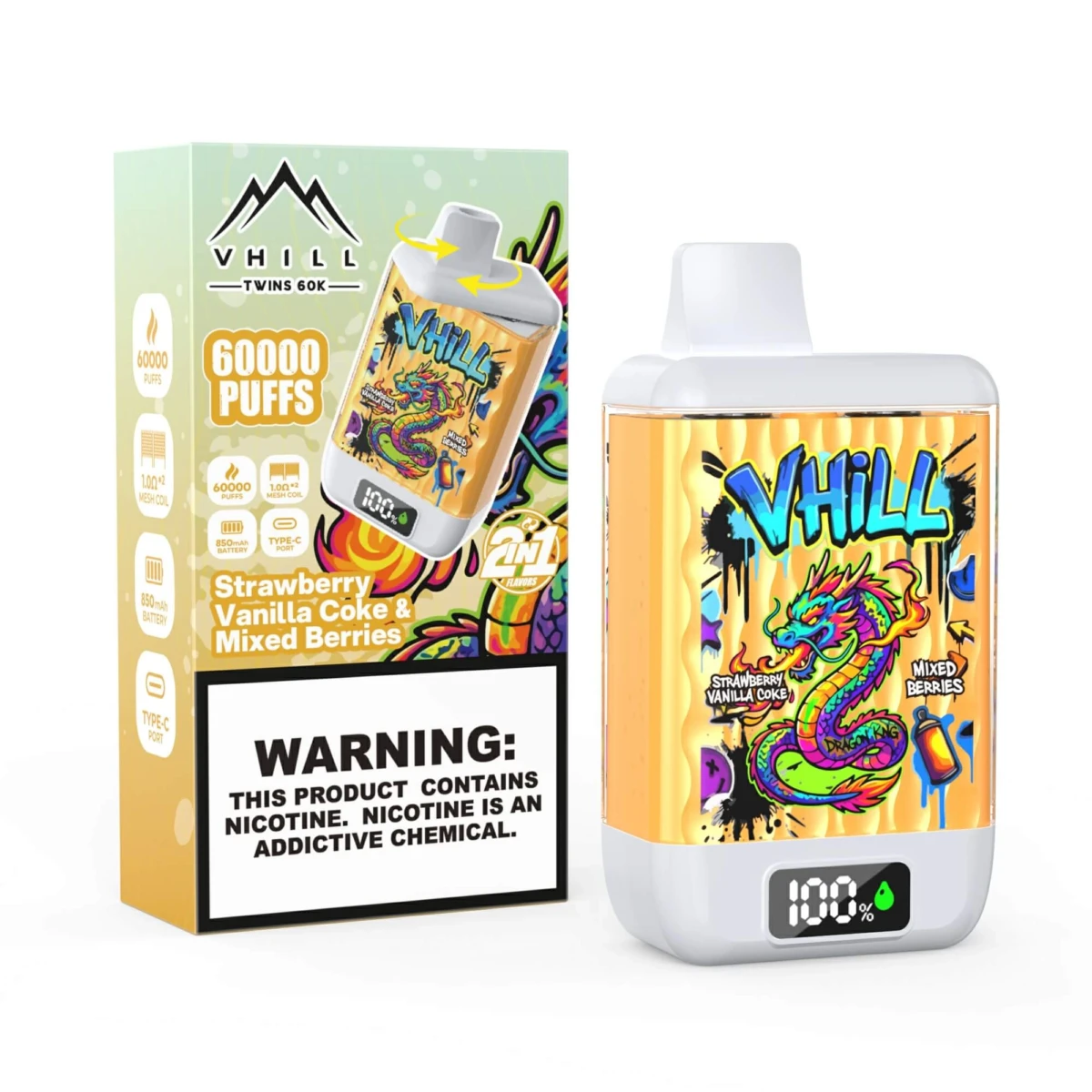 VHILL Twins 60K 2in1 Disposable Vape Strawberry Vanilla Coke Mixed Berries 60000 Puffs Wholesale