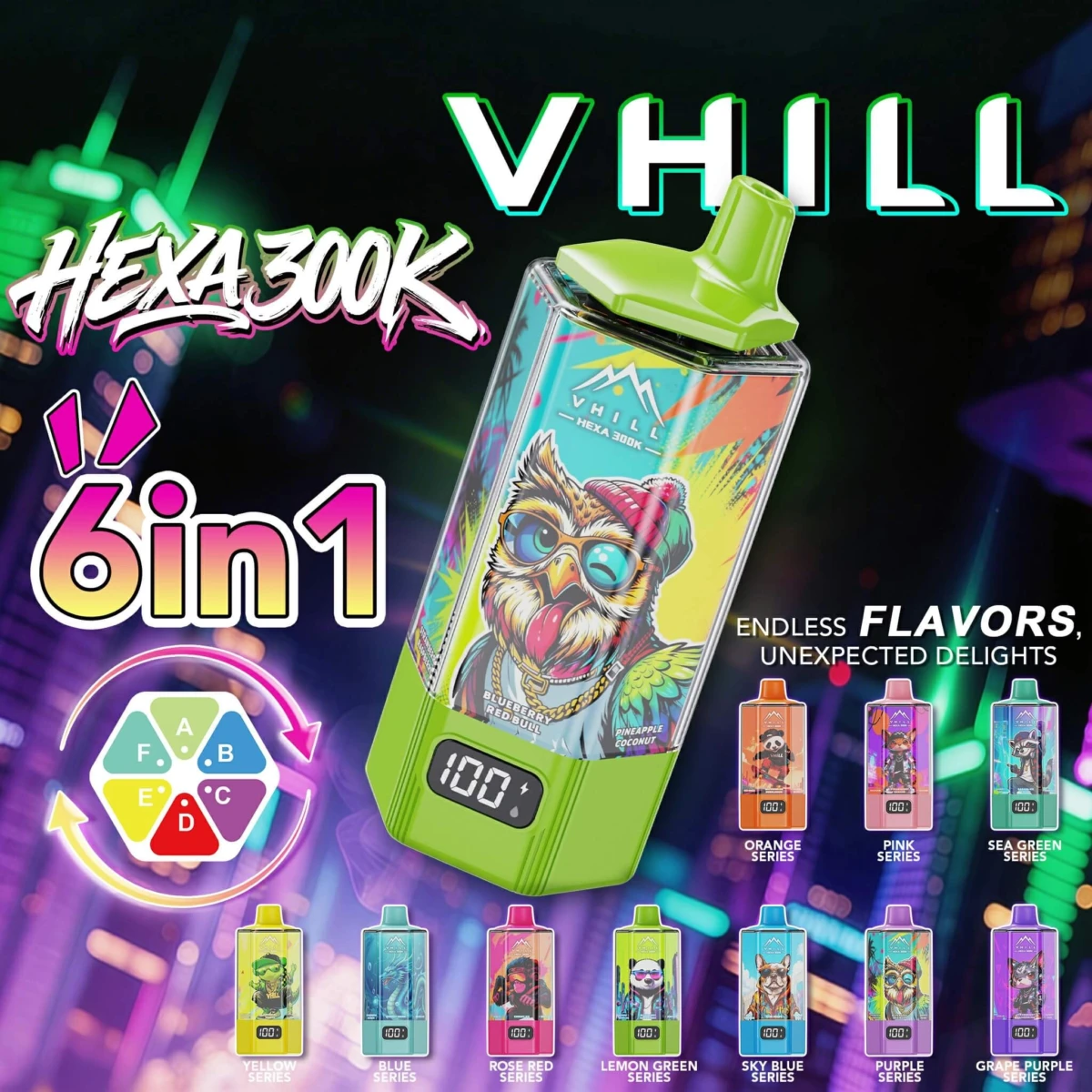 VHILL Hexa 300K 6in1 Disposable Vape 300000 Puffs 6 Flavors Owl Edition Wholesale