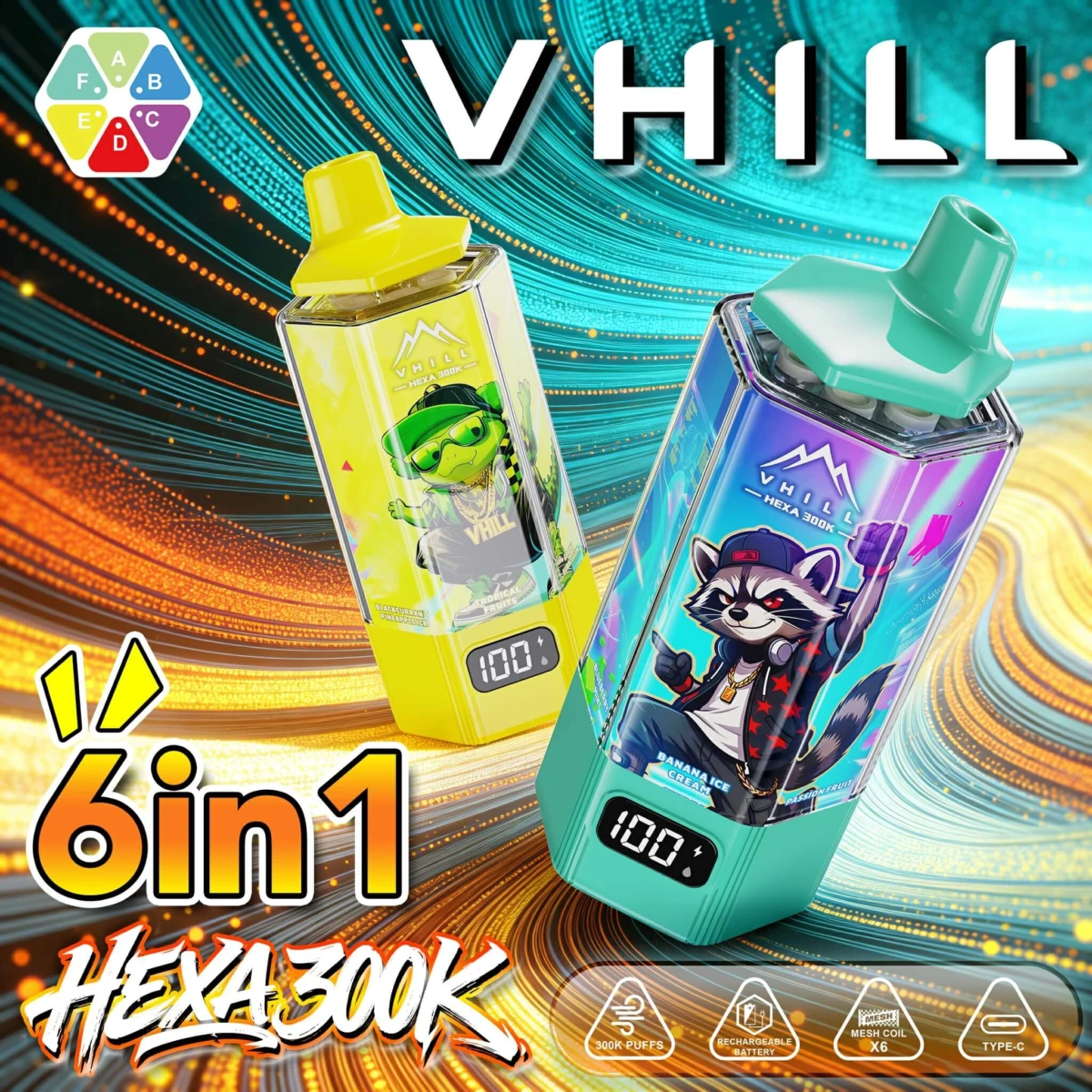 VHILL Hexa 300K 6in1 Disposable Vape 300000 Puffs 6 Flavors Frog & Raccoon Edition Wholesale