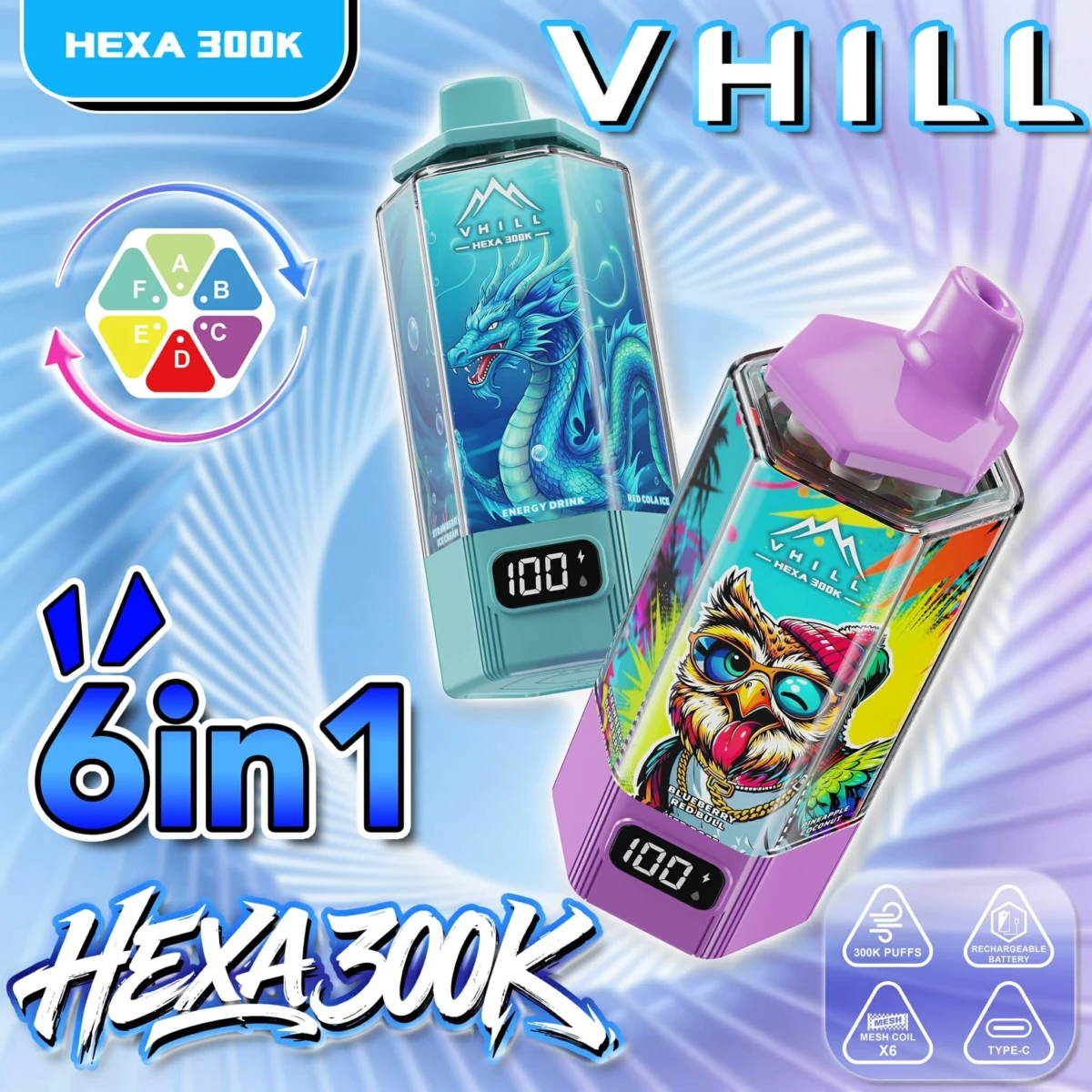 VHILL Hexa 300K 6in1 Disposable Vape 300000 Puffs 6 Flavors Dragon & Owl Edition Wholesale Bulk