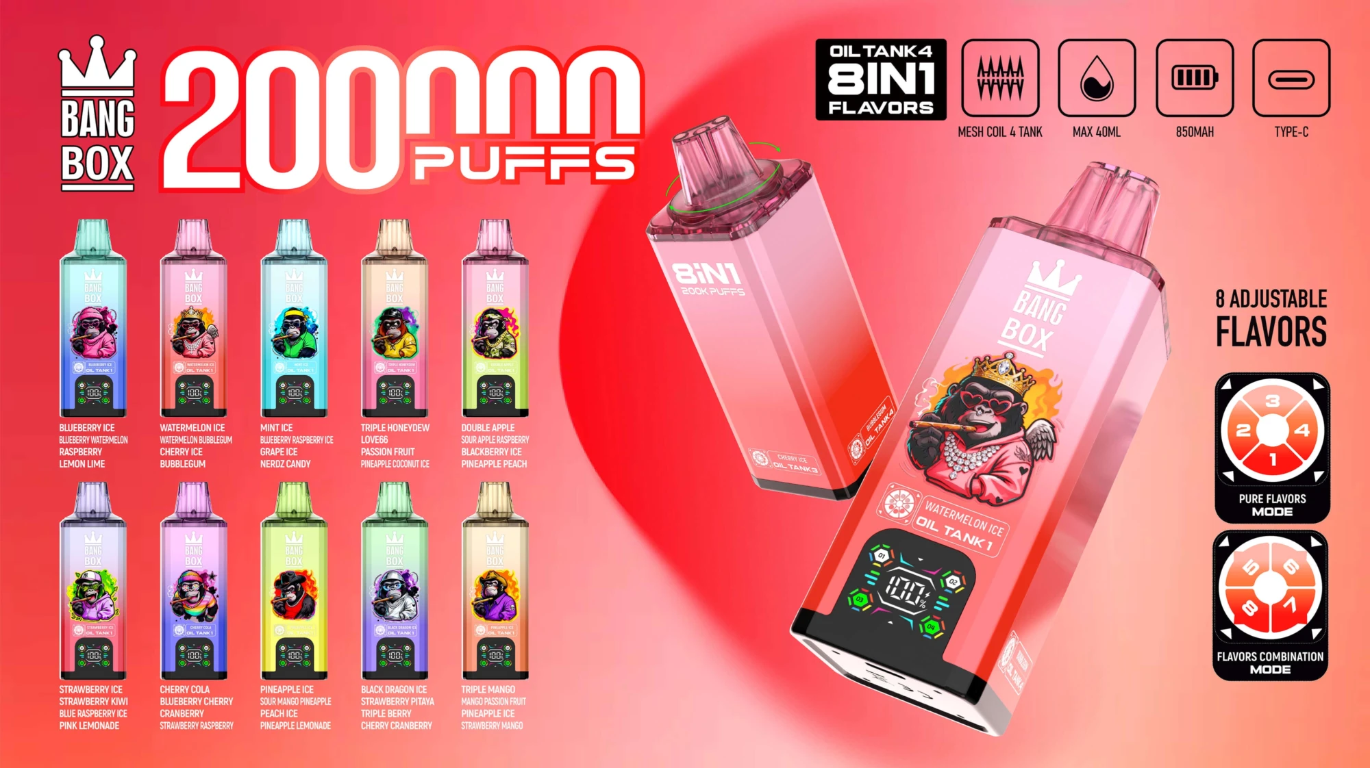 Bang Box 200000 200K Puffs Disposable Vape 8 in 1 Flavors Smart Screen Factory Direct - Image 8
