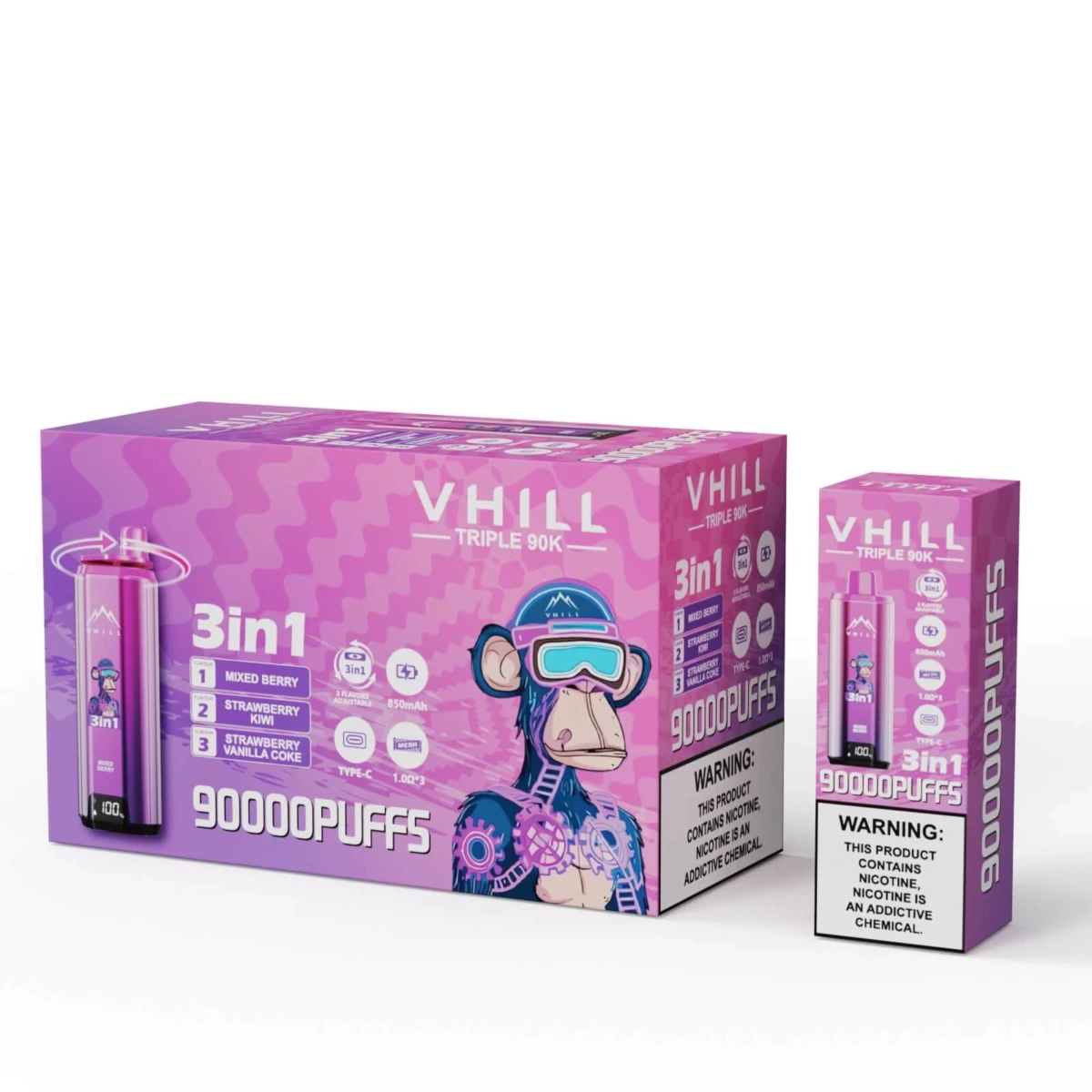 VHILL Triple 90K 3in1 Disposable Vape Mixed Berry Strawberry Kiwi Strawberry Vanilla Coke 90000 Puffs Bulk