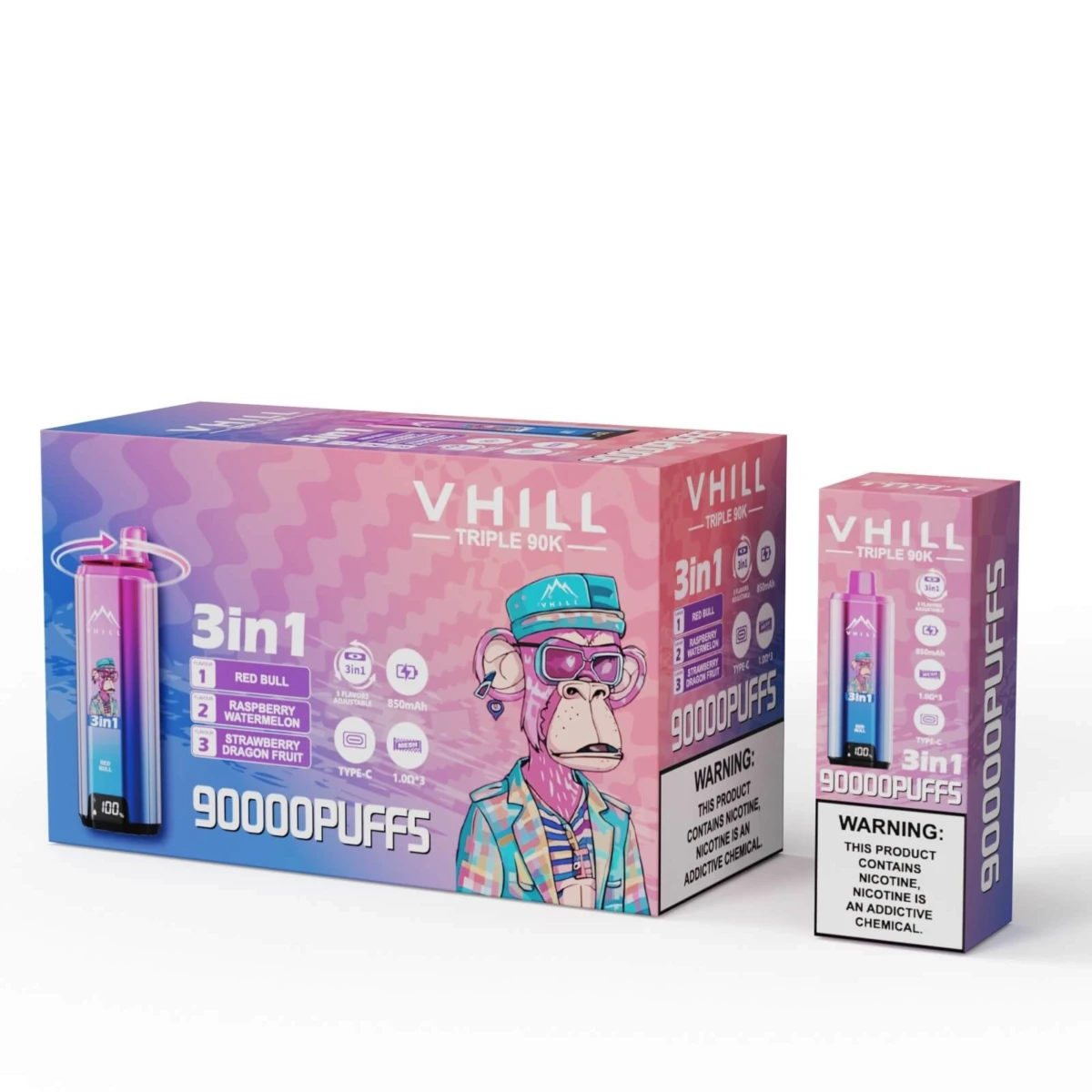VHILL Triple 90K 3in1 Disposable Vape Red Bull Raspberry Watermelon Strawberry Dragon Fruit 90000 Puffs Wholesale