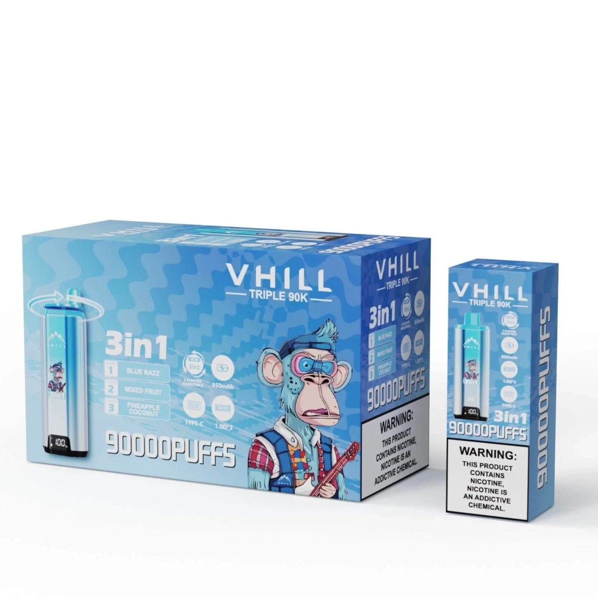 VHILL Triple 90K 3in1 Disposable Vape Blue Razz Mixed Fruit Pineapple Coconut 90000 Puffs Bulk