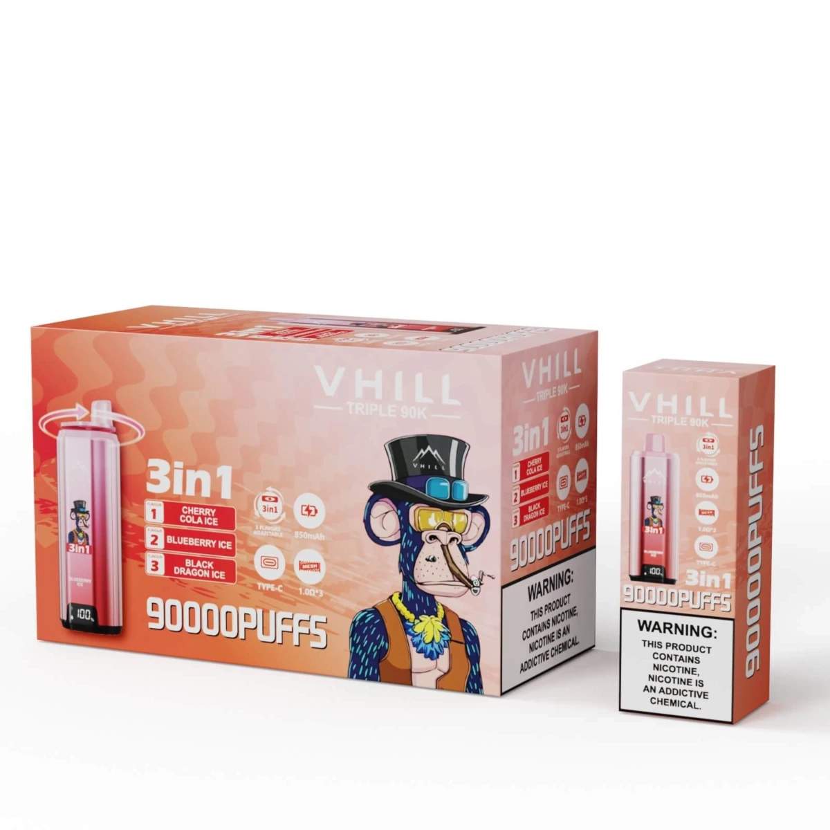 VHILL Triple 90K 3in1 Disposable Vape Cherry Cola Ice Blueberry Ice Black Dragon Ice 90000 Puffs Wholesale
