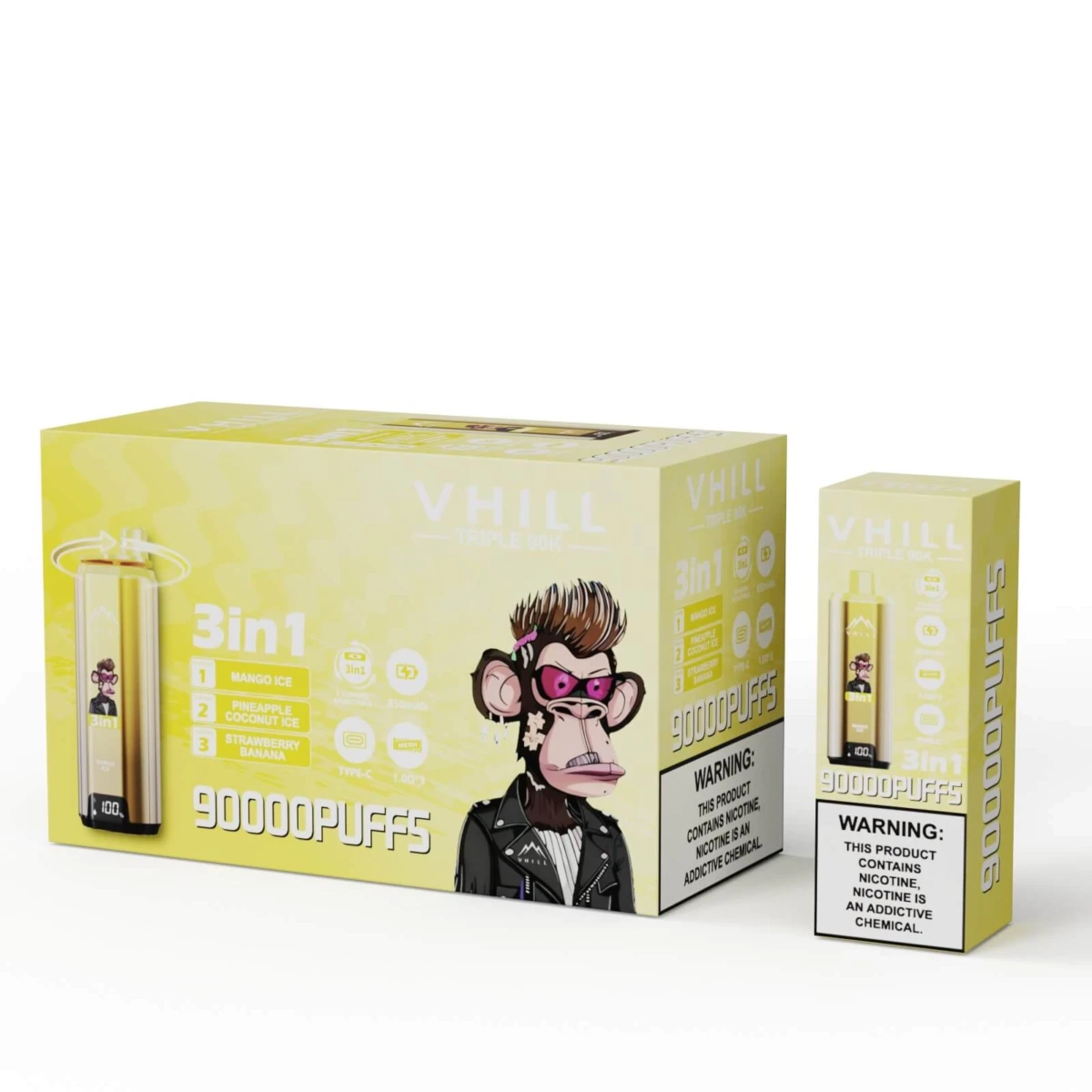 VHILL Triple 90K 3in1 vape includes Mango Ice, Pineapple Coconut Ice, Strawberry Banana flavors, 850mAh, Type-C rechargeable