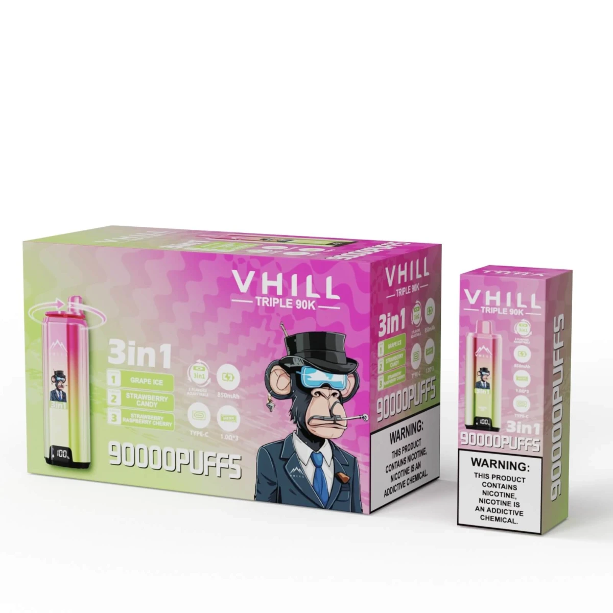 VHILL Triple 90K 3in1 Disposable Vape Grape Ice Strawberry Candy Strawberry Raspberry Cherry 90000 Puffs Wholesale