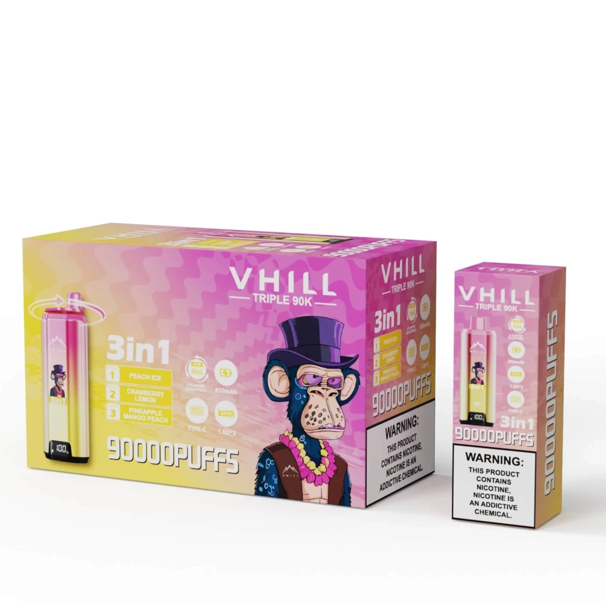 VHILL Triple 90K 3in1 Disposable Vape Peach Ice Cranberry Lemon Pineapple Mango Peach 90000 Puffs Bulk