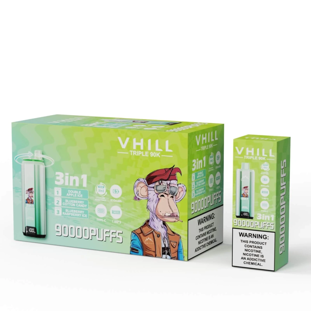 VHILL Triple 90K 3in1 Disposable Vape Double Apple Ice Blueberry Cotton Candy Blueberry Raspberry Ice 90000 Puffs Wholesale