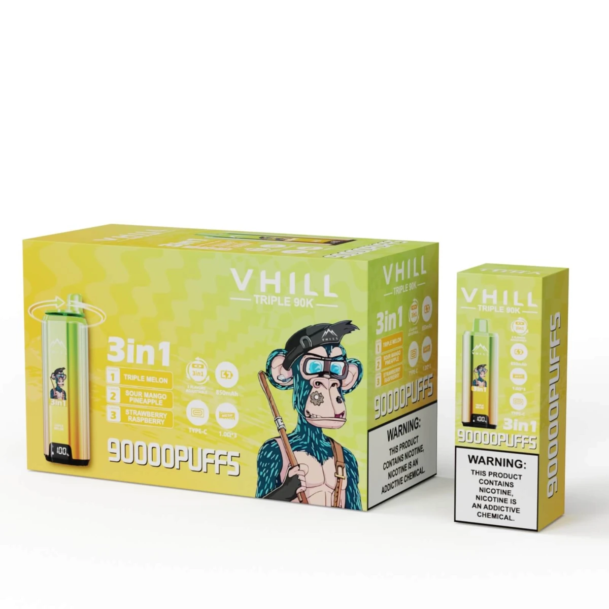 VHILL Triple 90K 3in1 Disposable Vape Triple Melon Sour Mango Pineapple Strawberry Raspberry 90000 Puffs Bulk